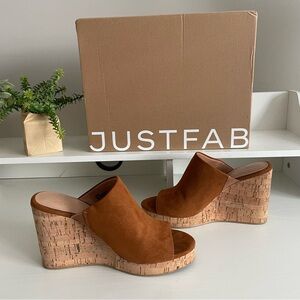 JustFab Women’s Size 7.5 Anaya Wedges Camel/Natural Cork Open Toe Mule